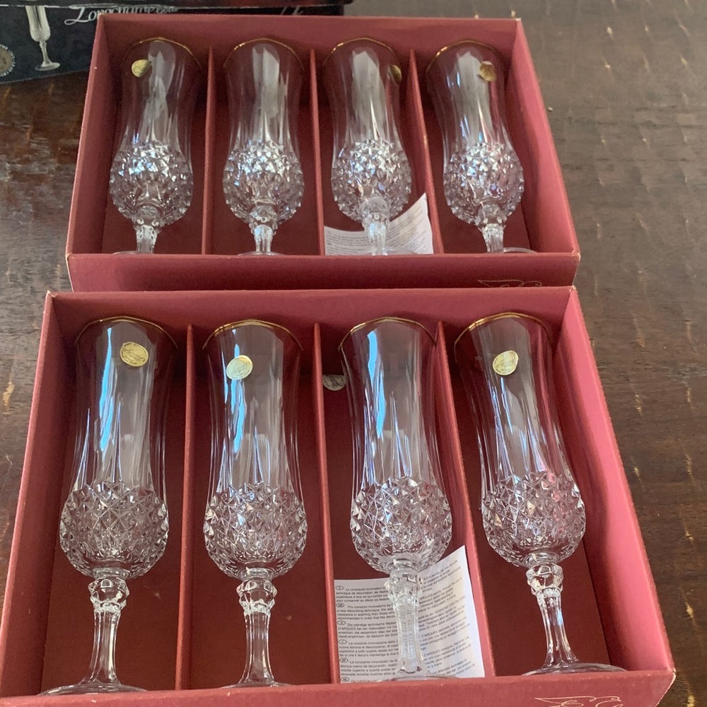 Longchamp Vintage Gold Rim Crystal Champagne Sets (8 glasses)